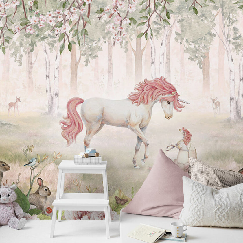 GDSE3120 Unicorn Forest Wallpaper Premium Peel and Stick Material 26in Wide x 6ft, 9 ft, 12ft, Pink Green