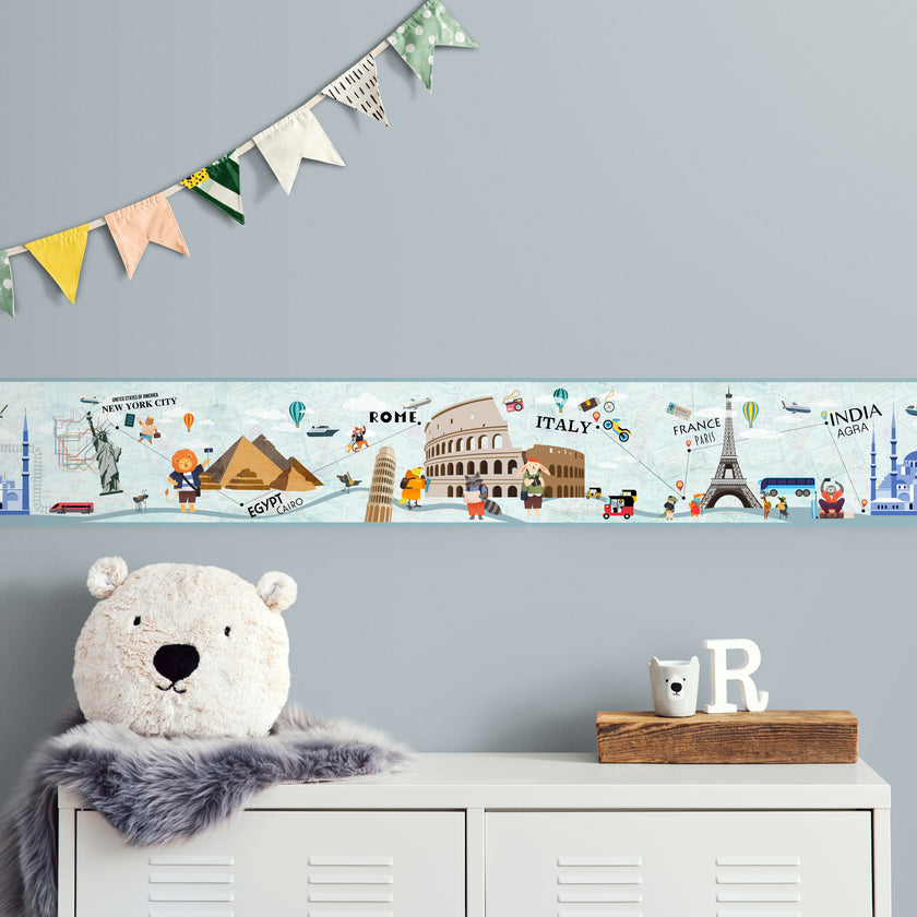 GB9020 Travel Bucket List Peel and Stick Wallpaper Border 10in or 8in Height x 15ft Long, Gray Teal Blue Brown Yellow