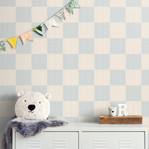 GW0202 Check Faux Grasscloth Plain weave Texture Wallpaper Roll 19 inch Wide x 18 ft. Long in White Baby Blue