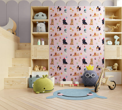 GW9013 Party Dogs and Cupcakes Peel and Stick Wallpaper Roll 19 inch Wide x 18 ft. Long Pink Beige Blue