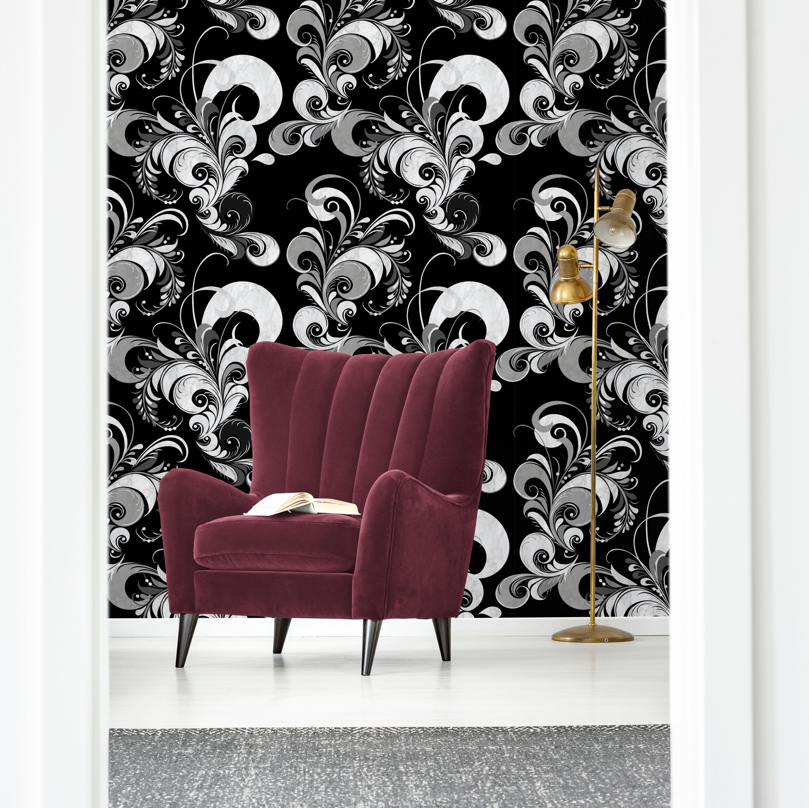 GDM0020 Marina Makaron Designs Paisley in Black Gray Off White Wallpaper Panel 26 inch Wide x 6ft, 9ft, and 12ft Long