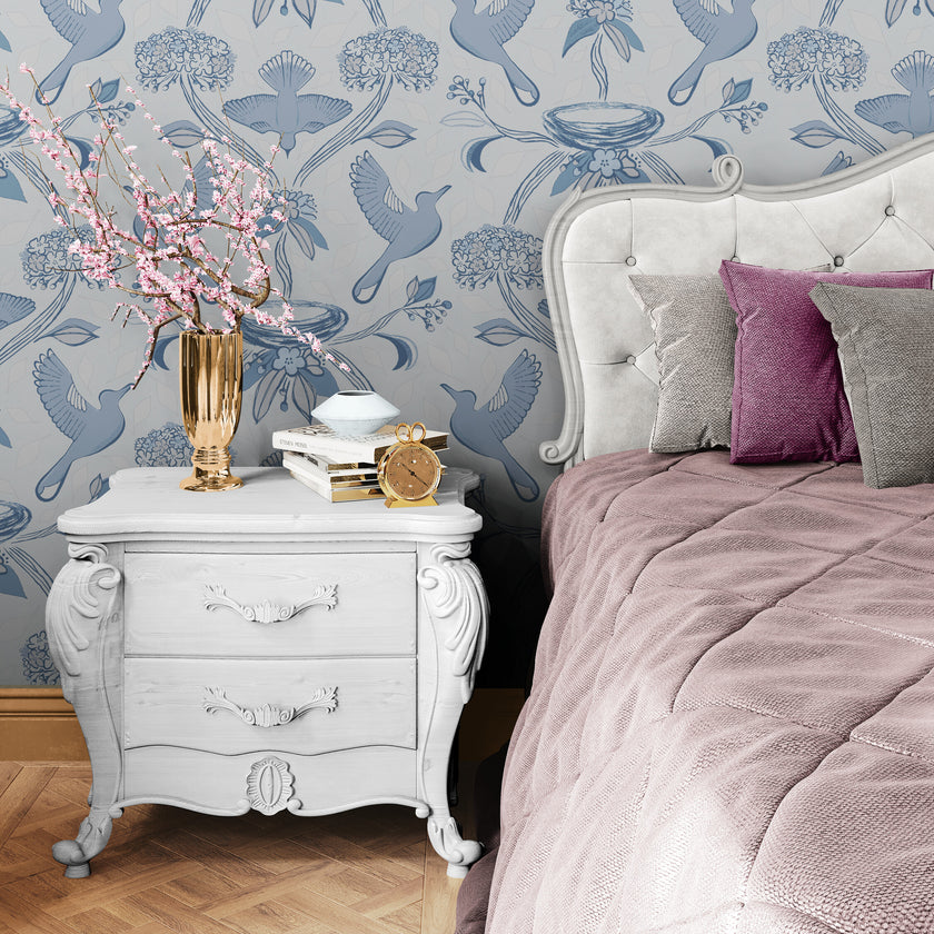 GDE0001 First Flight Endless Mural Peel and Stick Wallpaper Two Panels 26 inch Wide x 6 Ft High in Light Gray Muted Navy Soft Blue