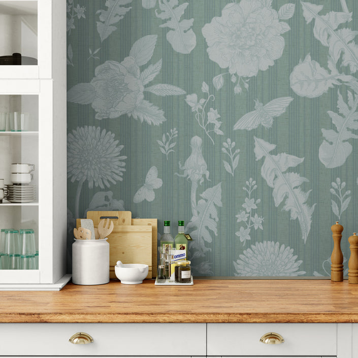 GE5074 Vintage Stripe Botanical Endless Murals Soft Teal Blue Gray