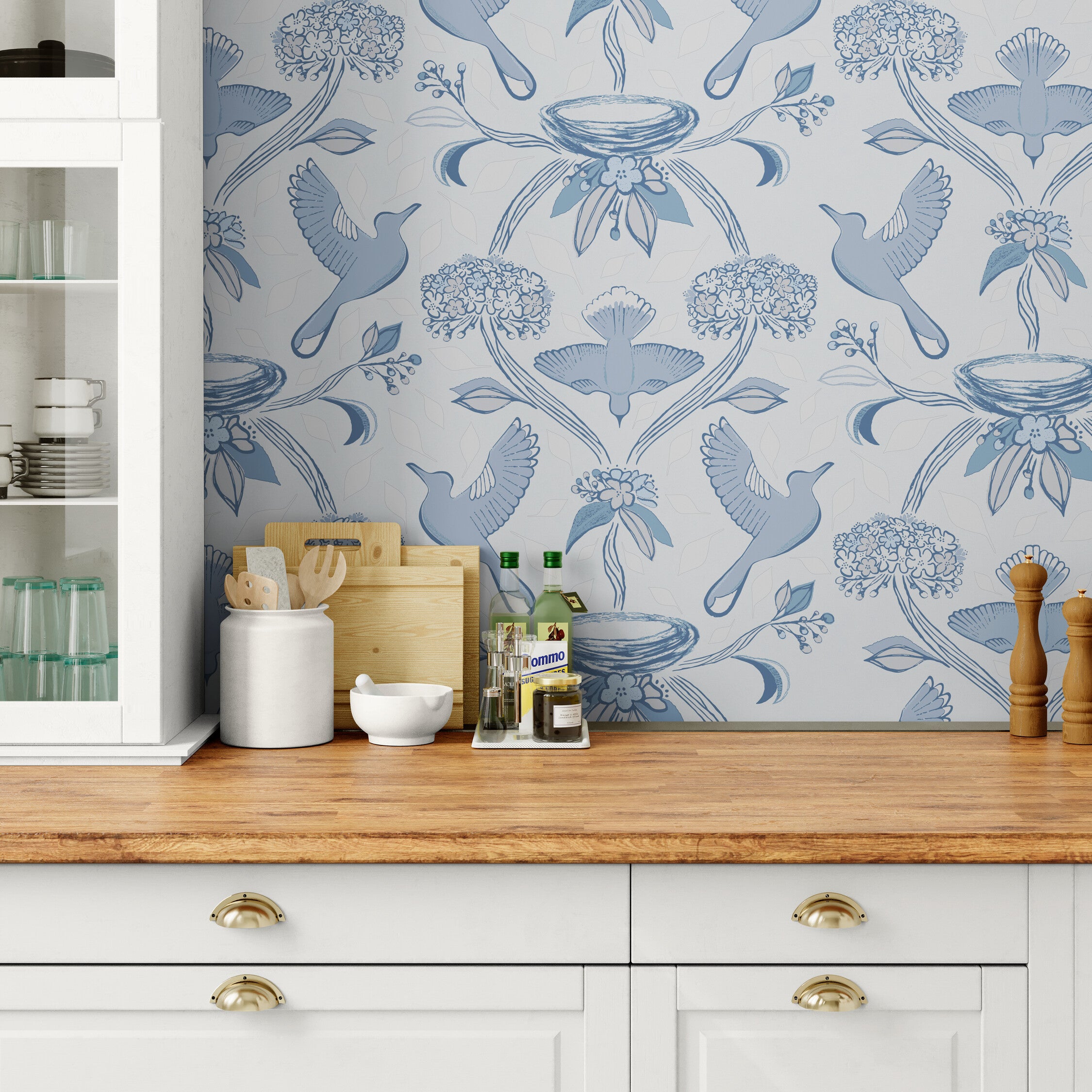 GDE0001 First Flight Endless Mural Peel and Stick Wallpaper Two Panels 26 inch Wide x 6 Ft High in Light Gray Muted Navy Soft Blue