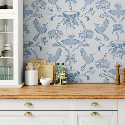GDE0001 First Flight Endless Mural Peel and Stick Wallpaper Two Panels 26 inch Wide x 6 Ft High in Light Gray Muted Navy Soft Blue