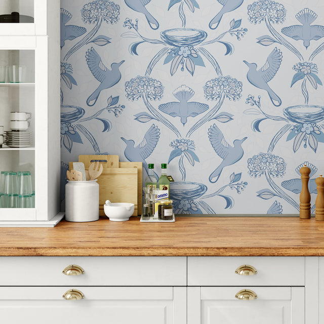 GDE0001 First Flight Endless Mural Peel and Stick Wallpaper Two Panels 26 inch Wide x 6 Ft High in Light Gray Muted Navy Soft Blue