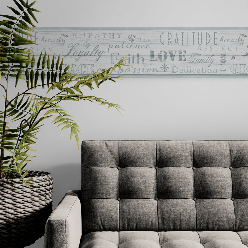 GB4034 Distressed Wood Farmhouse Values Typography Inspirational Words Peel and Stick Wallpaper Border 15Ft long Soft Off White Cream