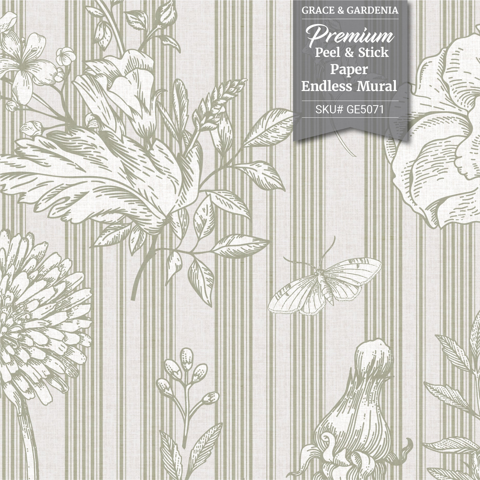 GE5071 Vintage Stripe Botanical Endless Murals Gray Off White