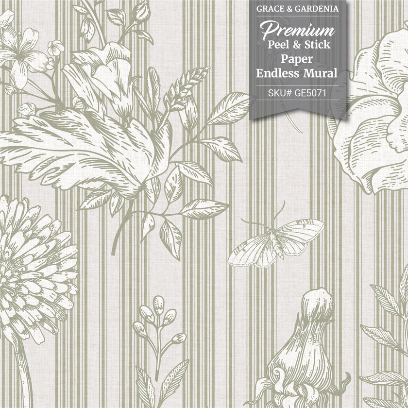 GE5071 Vintage Stripe Botanical Endless Murals Gray Off White