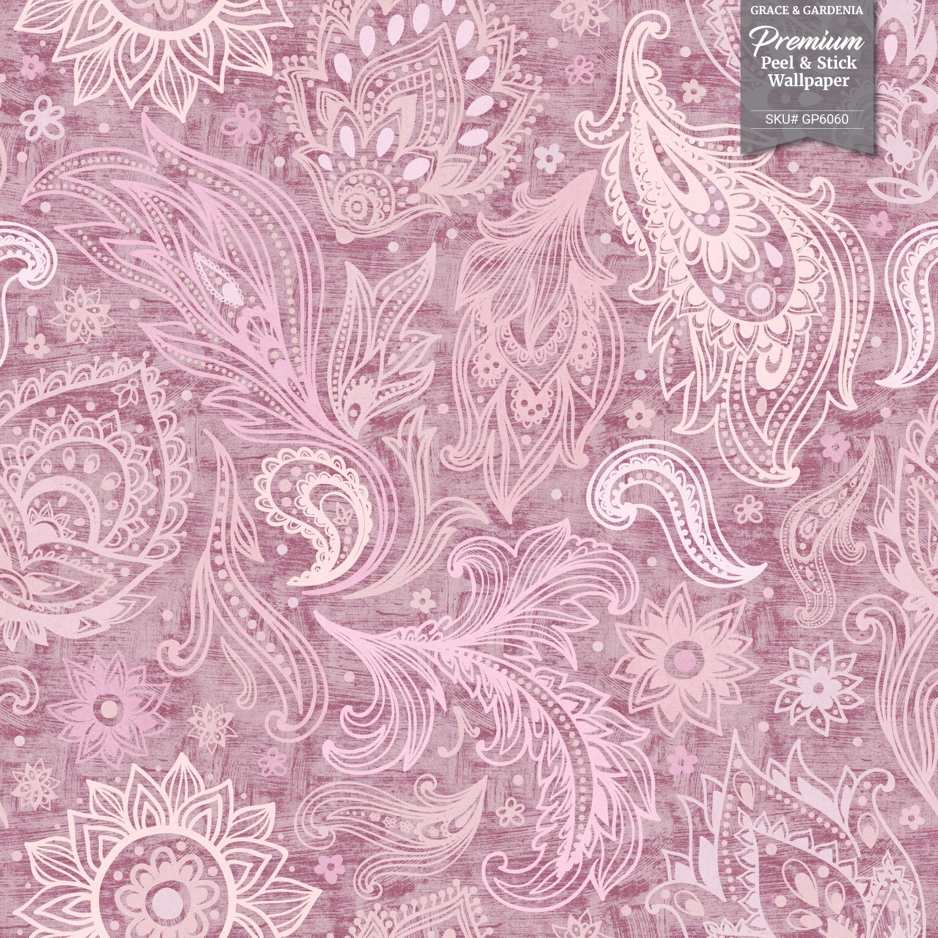 GP6060 Flower Paisley Premium Peel and Stick Wallpaper Panel 26 Wide x 6 Ft High in Dusty Pink
