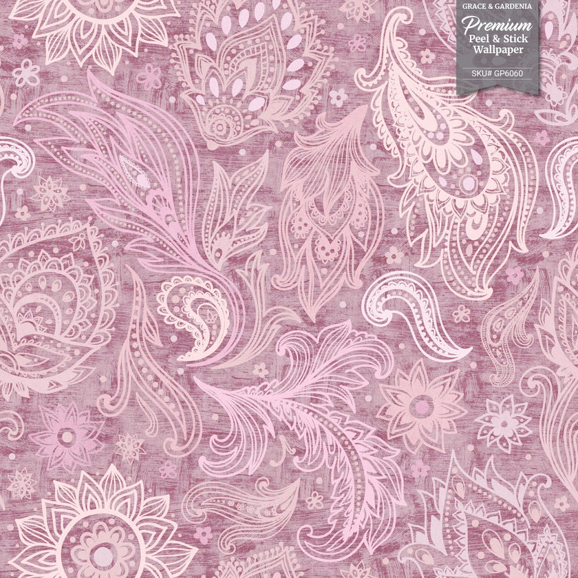 GP6060 Flower Paisley Premium Peel and Stick Wallpaper Panel 26 Wide x 6 Ft High in Dusty Pink