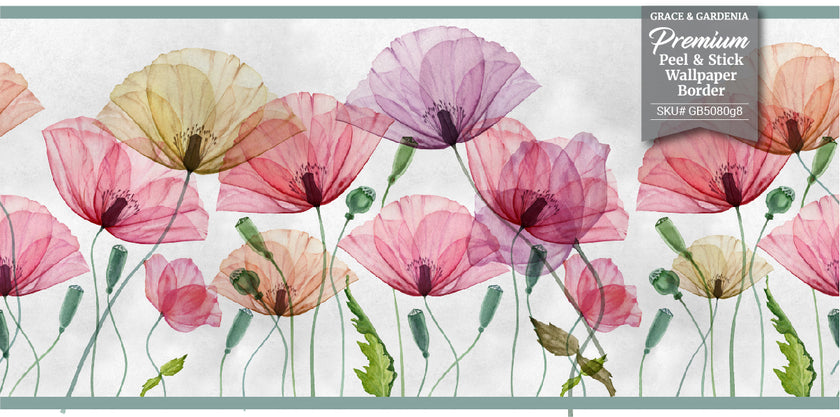 GB5080g8 Oshibana Botanicals Peel and Stick Wallpaper Border 8in or 10in Height x 15ft Long Red Multicolored