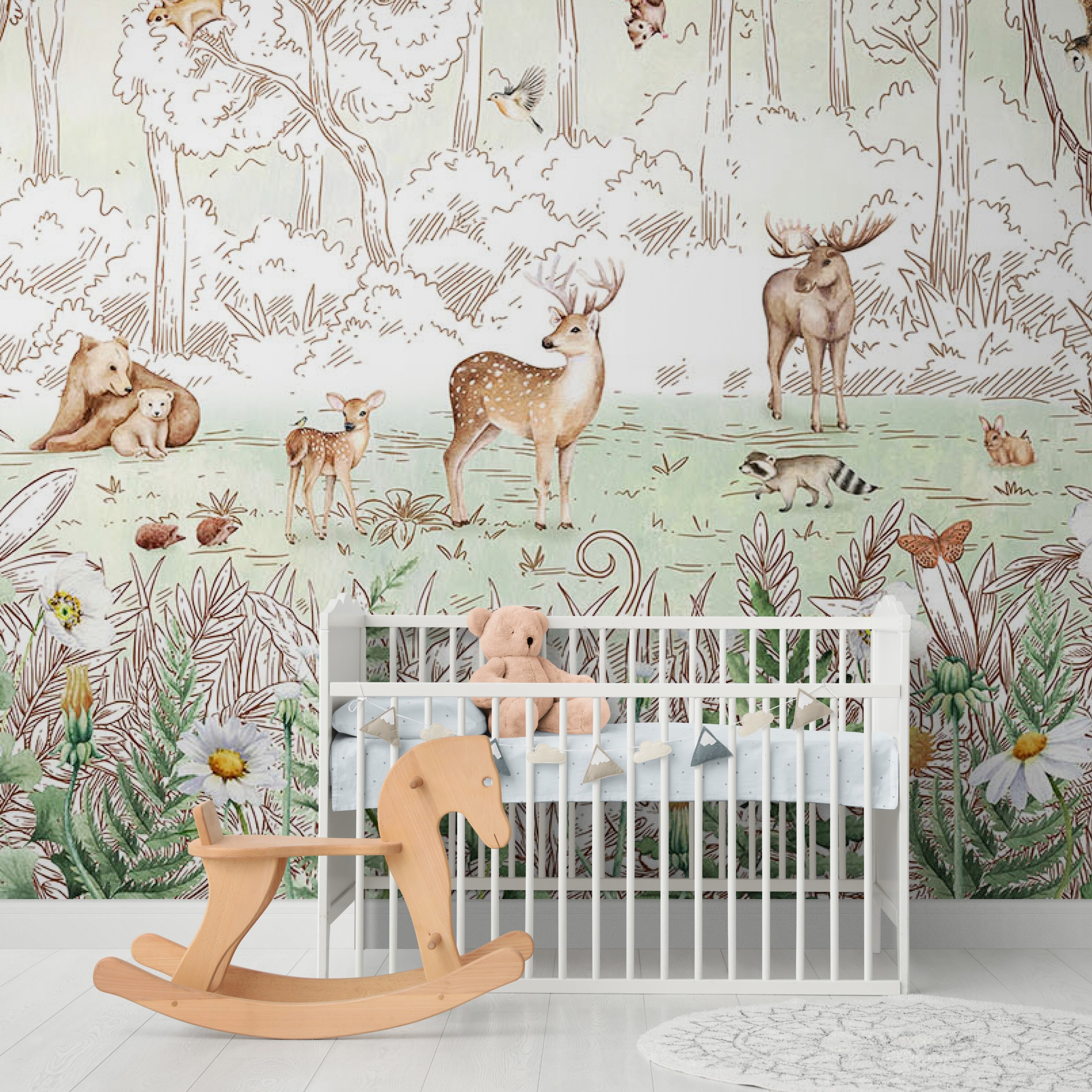 GDSE3051 Forest Friends Wallpaper Mural Premium Peel and Stick Material 26in Wide x 9 ft. Green White