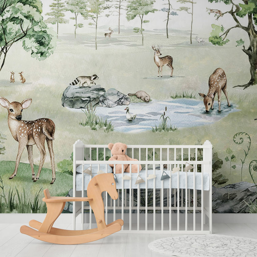 GDSE3041 Deer Forest Wallpaper Mural Premium Peel and Stick Material 26in Wide x 9 ft. Winter White