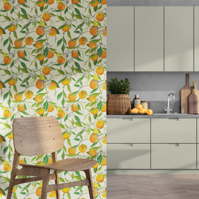 GW5071 Orange Blossoms Peel and Stick Wallpaper Roll 19 inch Wide x 18 ft. Long, Orange Green Yellow
