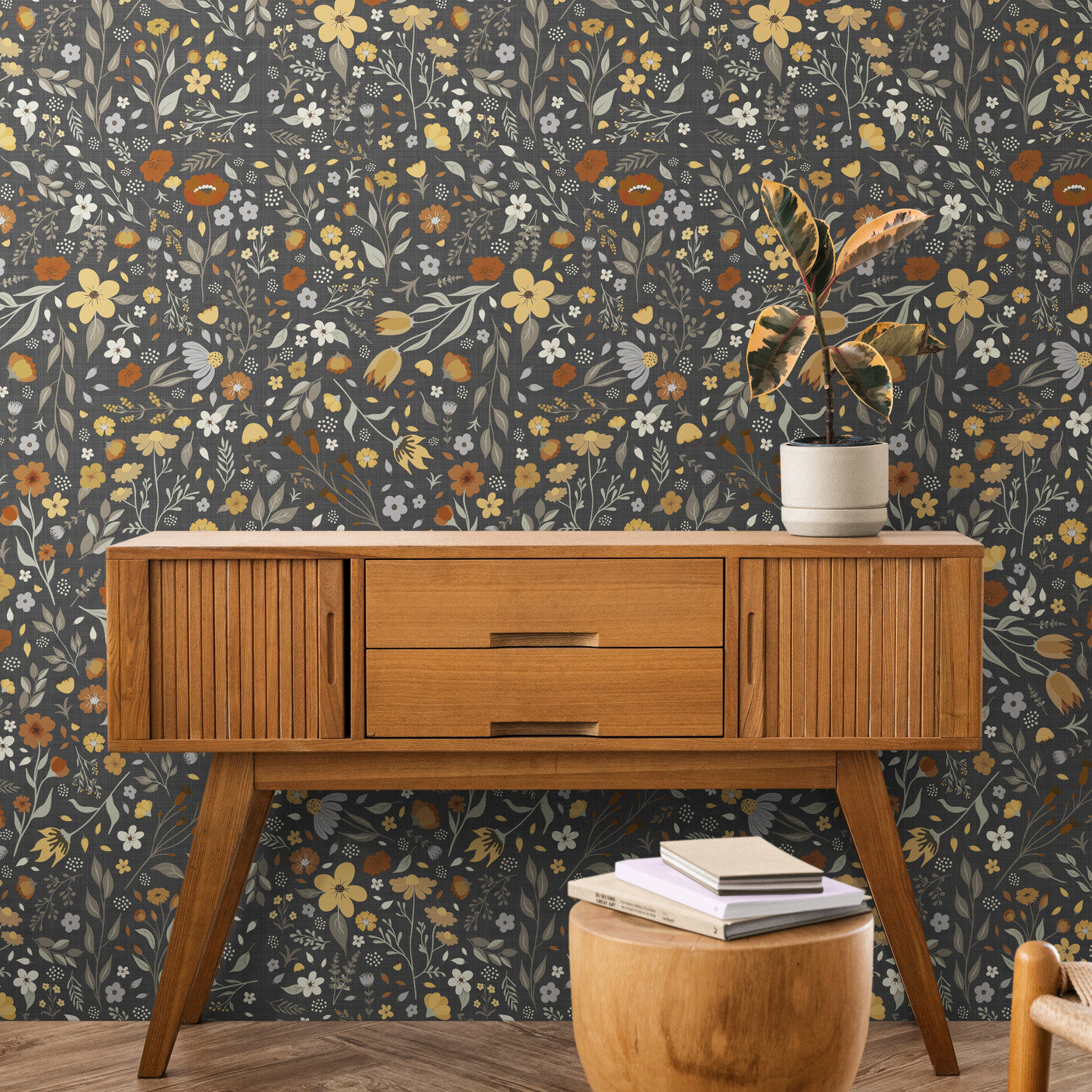 GP5012 Folk Floral Wallpaper Panels in Rustic Brown