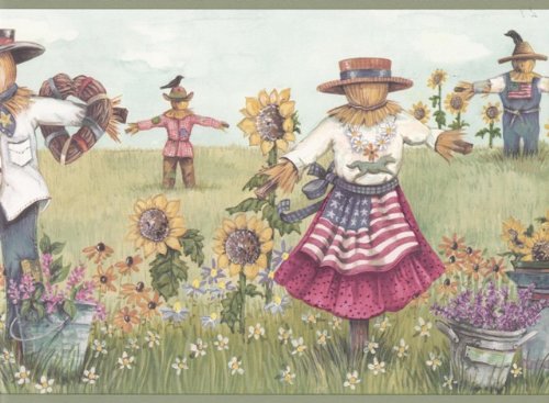 Warner CUP3372 Olive Sunflower Scarecrows Wallpaper Border, White,Yelllow