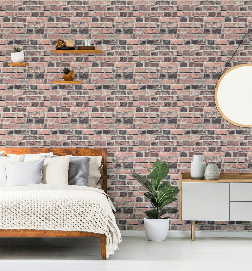 GW2001 Antique Brick Peel and Stick Wallpaper Roll size 19 inch Wide x 18ft. Long Red Gray