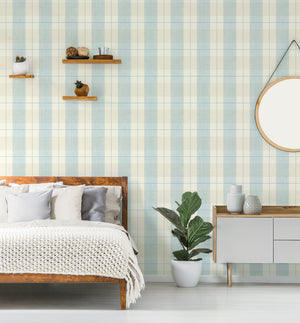 GW2003 Soft Retro Plaid Peel & Stick Wallpaper Roll size 19 inch Wide x 18ft. Long Soft Blue and Cream