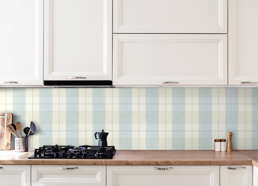 GW2003 Soft Retro Plaid Peel & Stick Wallpaper Roll size 19 inch Wide x 18ft. Long Soft Blue and Cream