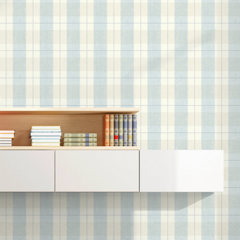 GW2003 Soft Retro Plaid Peel & Stick Wallpaper Roll size 19 inch Wide x 18ft. Long Soft Blue and Cream