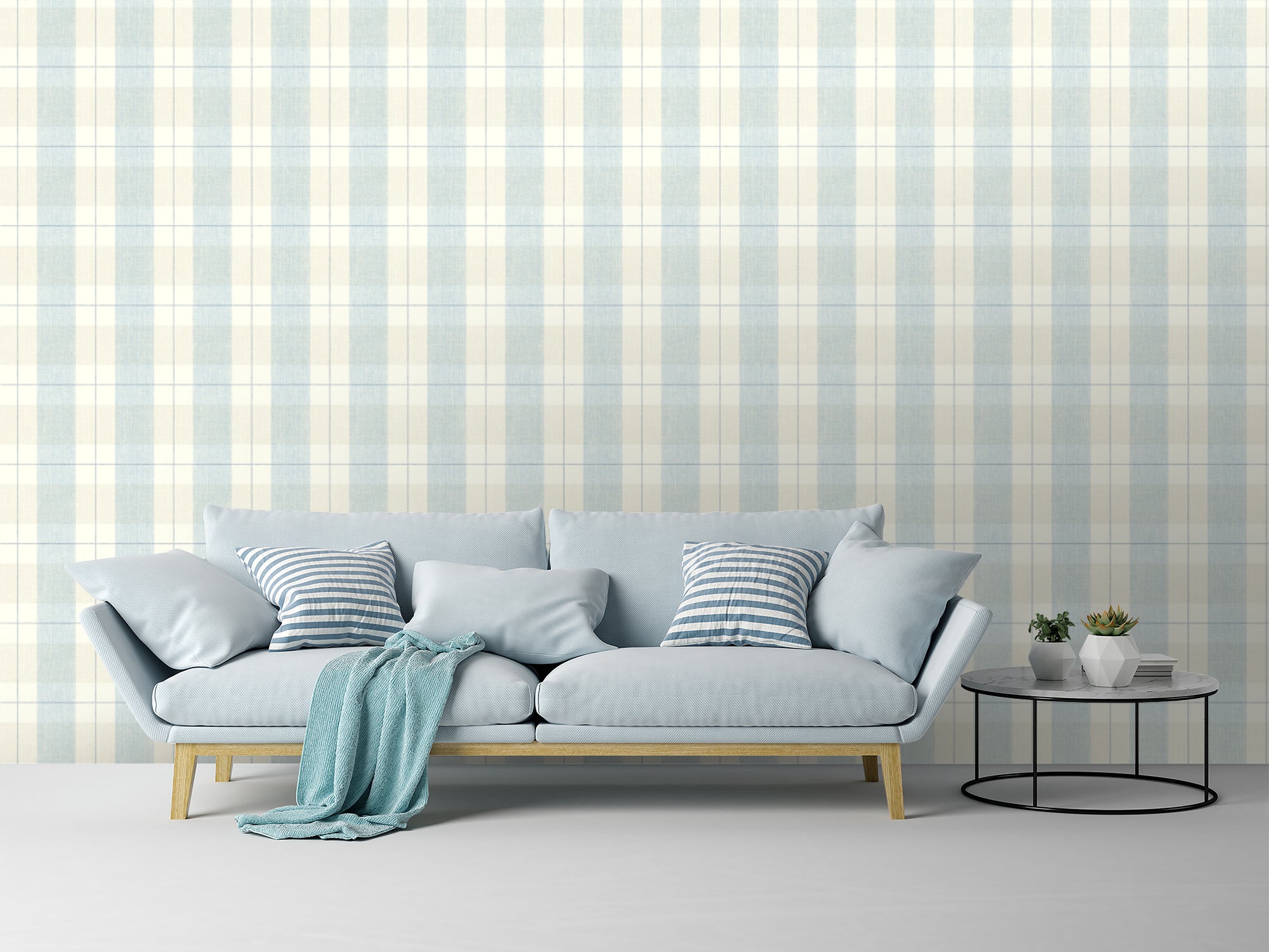 GW2003W  Grace & Gardenia Plaid Peel and Stick Wallpaper Roll in Soft Blue and Cream