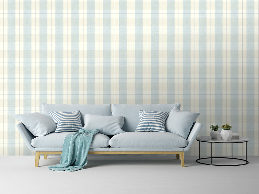 GW2003 Soft Retro Plaid Peel & Stick Wallpaper Roll size 19 inch Wide x 18ft. Long Soft Blue and Cream