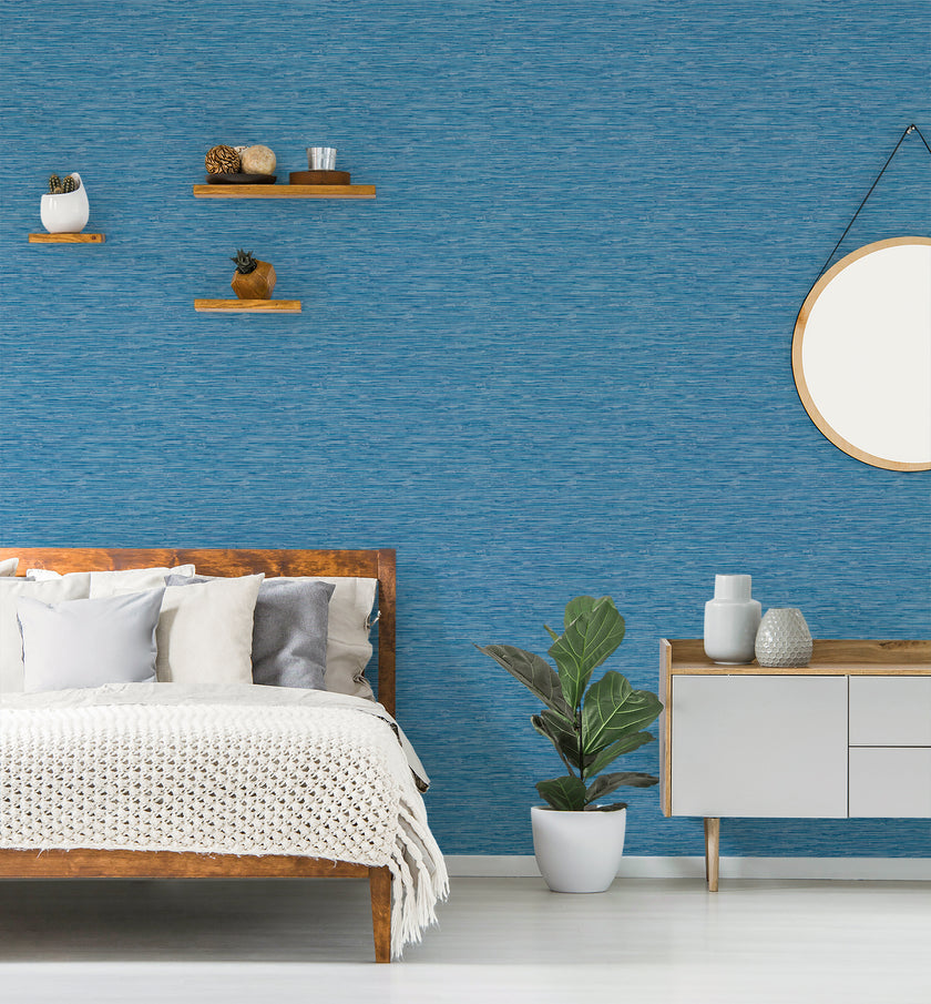 GW2004 Faux Grasscloth Peel & Stick Wallpaper Roll size 19 inch Wide x 18ft. Long Blue