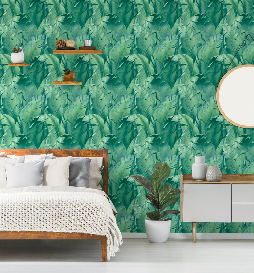 GW2007W Exotic Tropical Banana Leaf Peel and Stick Wallpaper Roll size 19 inch Wide x 18ft. Long Blue Green