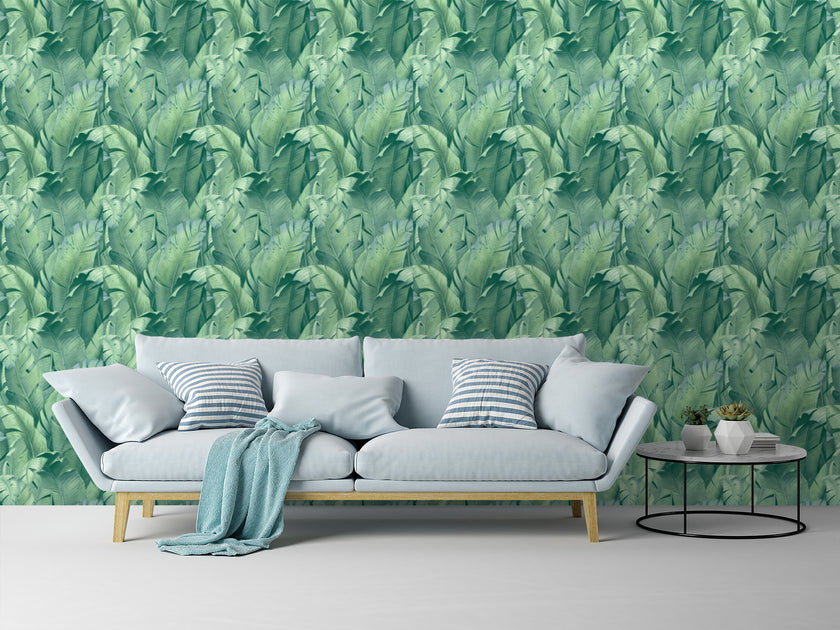 GW2007W Exotic Tropical Banana Leaf Peel and Stick Wallpaper Roll size 19 inch Wide x 18ft. Long Blue Green