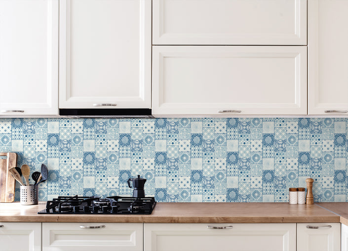 GW2009W Mosaic Tile Peel and Stick Wallpaper Roll 19in (W) x 18ft. (H) Blue White