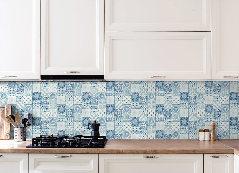 GW2009W Mosaic Tile Peel and Stick Wallpaper Roll 19in (W) x 18ft. (H) Blue White