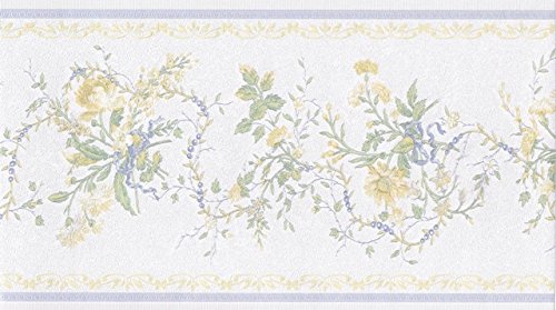 Wallpaper For Less 31616160 Elegant Floral Wallpaper Border, White Blue Yellow