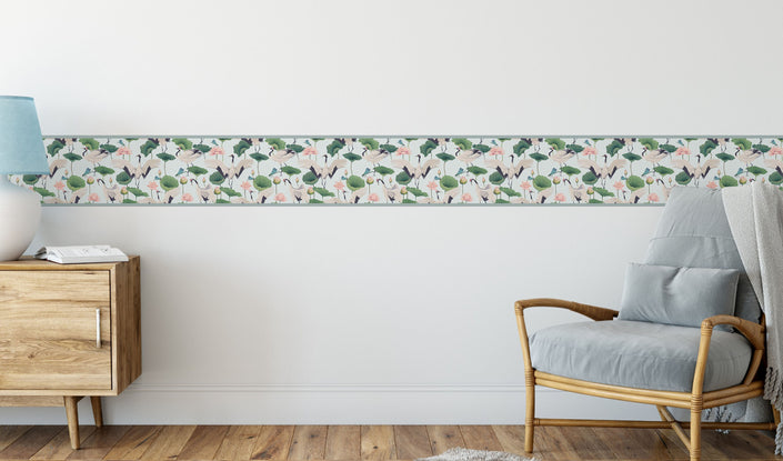 GB50042g8 Cranes and Grasshoppers Peel and Stick Wallpaper Border 10in or 8in Height x 15ft Long, Gray Green Pink