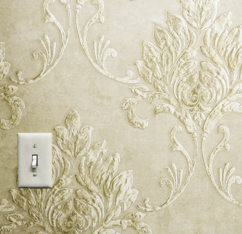 GW1012  Gold Damask Peel & Stick Wallpaper Roll 19in x 18 ft.  Faux Gold Cream Gray