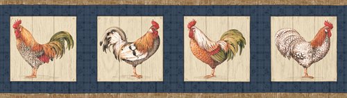 Wallpaper For Less CP033204B Roosters Wallpaper Border, Brown Blue