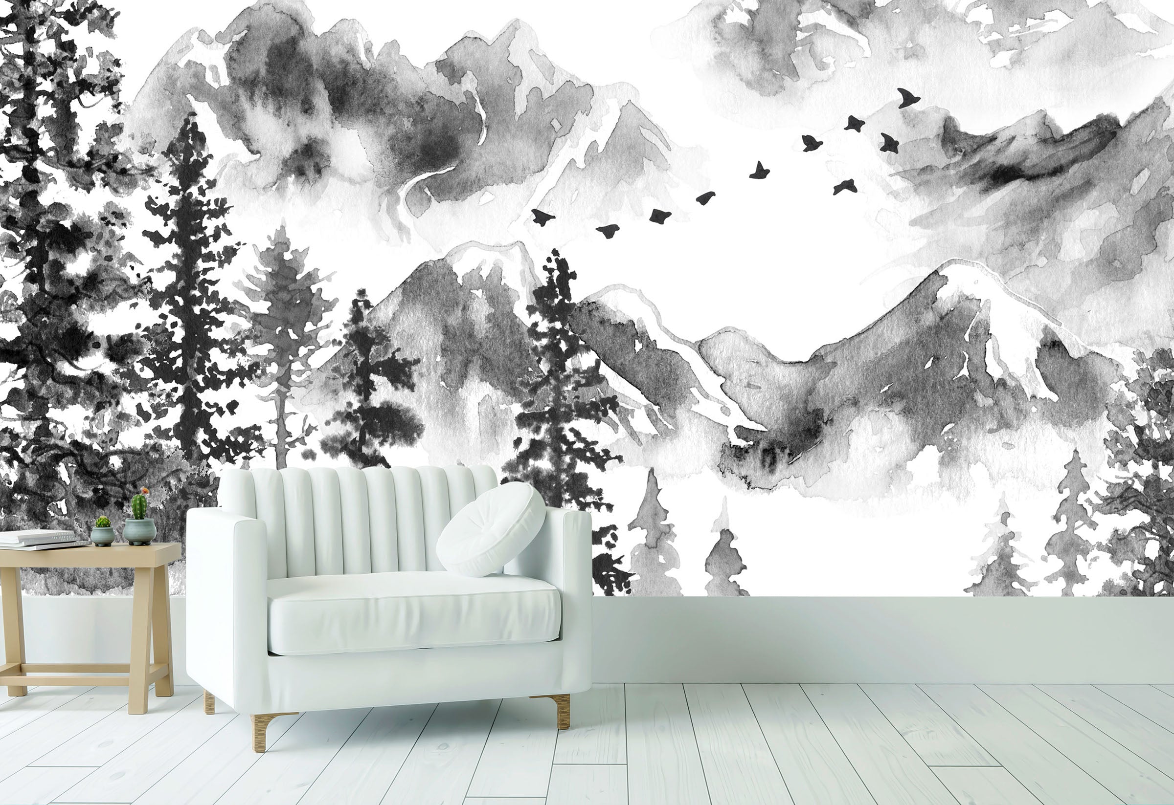 GM0120 Grace & Gardenia Chinese Ink Landscape Premium Peel and Stick Mural 13ft. wide x 10ft. height, Black White Gray