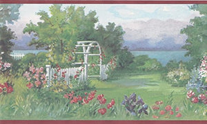 Wallpaper For Less SA105581B Brick House Garden Scenery Wallpaper Border, Red