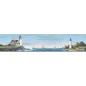 York Wallcoverings NY4815BD Nautical Living Sailing Lighthouse Border, Bright Blue/White/Shades Of Green/Dark Brown/Red