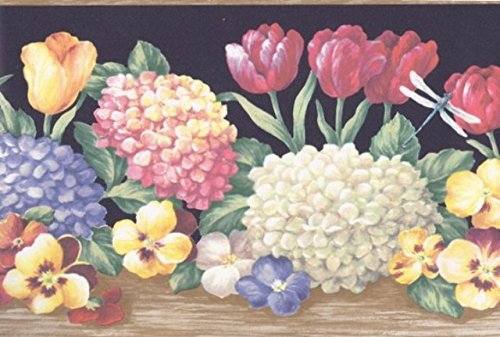 Wallpaper For Less BV006193B Hydrangea Tulips Wallpaper Border, Wooden Black