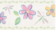 Wallpaper Border Watercolor Daisy and Dragonflies Green, Yellow, Blue & Lavender