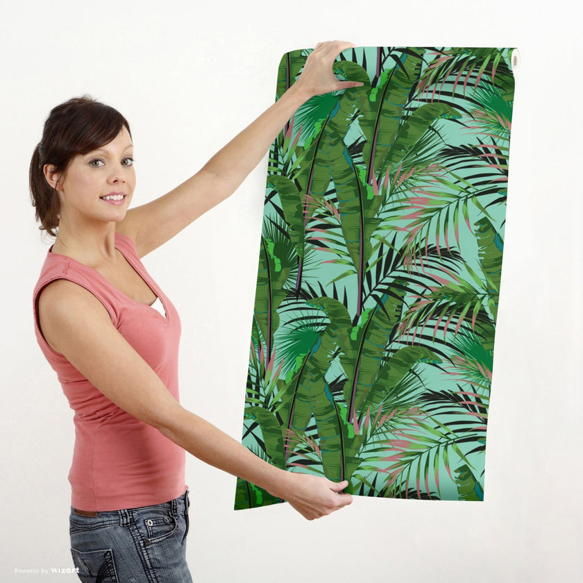 GW2232 Midnight Tropical Banana Forest Peel and Stick Wallpaper Roll 19 inch Wide x 18 ft. Long Aqua