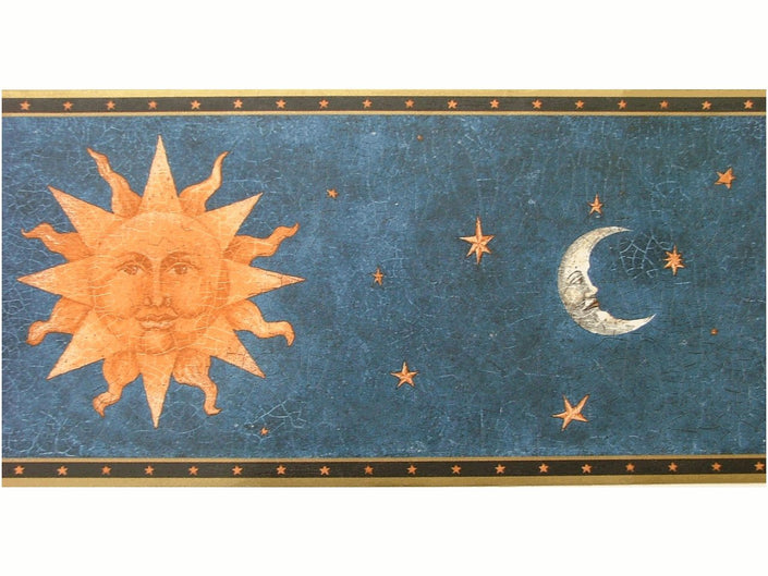 Wallpaper For Less NV3004B Sky Mosaic Moon Sun Stars Wallpaper Border, Gold Blue