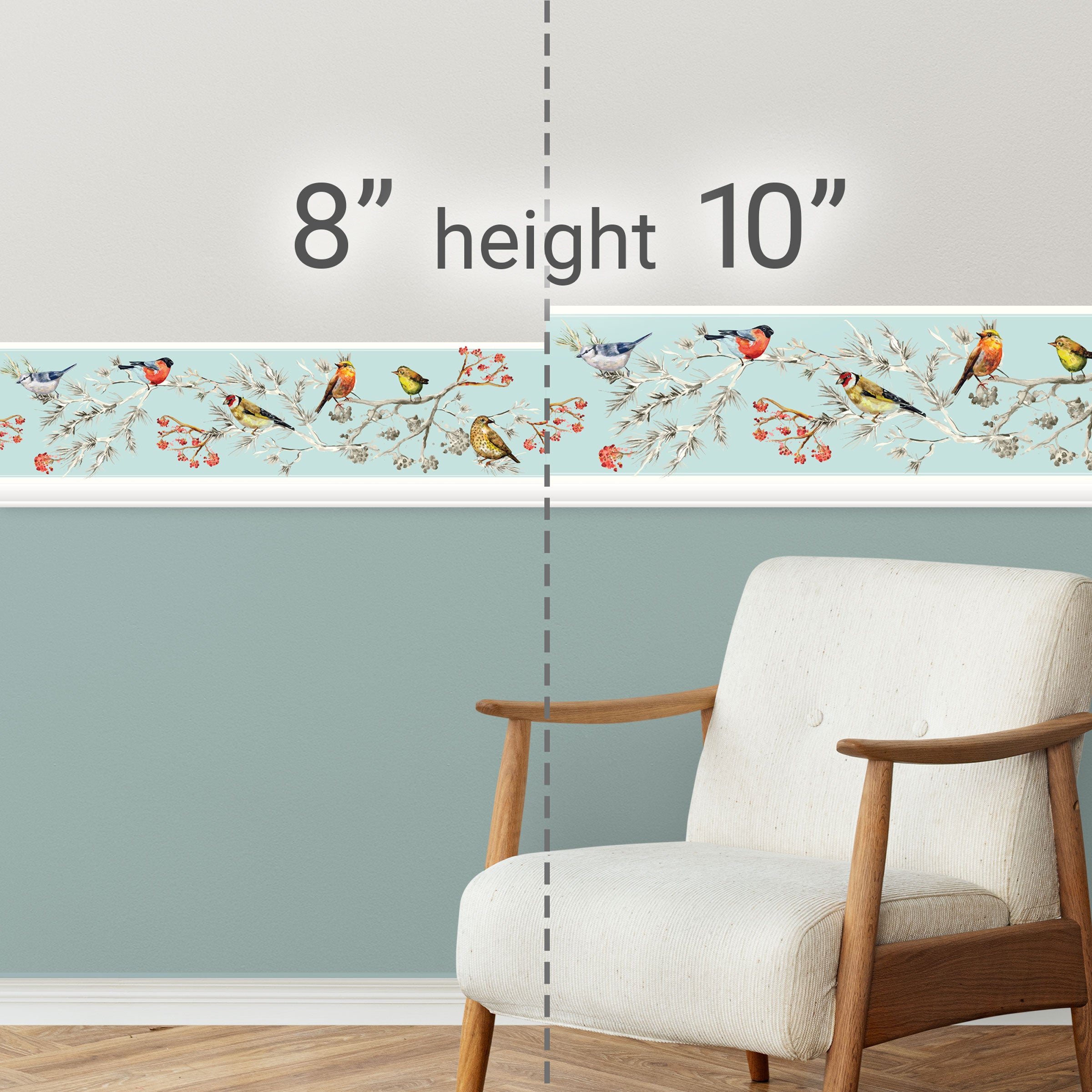 GB30011 Grace & Gardenia Birds in Pines Peel and Stick Wallpaper Border 10in or 8in Height x 15ft Long, Blue White Pink Yellow