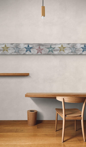 GB4031 Farmhouse Star Affirmation Distressed Wood Peel and Stick Wallpaper Border 10in or 8in Height x 15ft Long, Neutral Brown Gray Off White