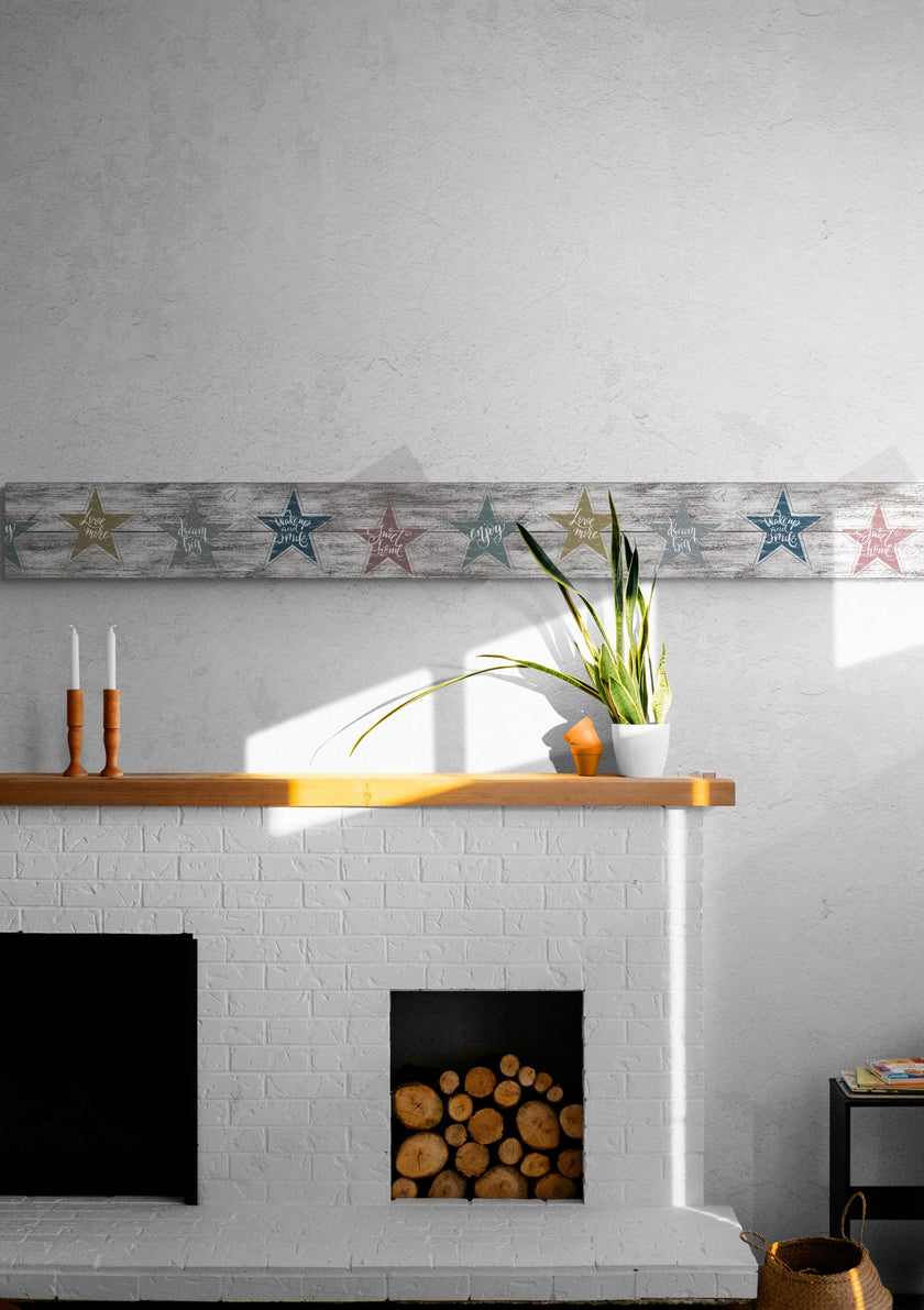 GB4031 Farmhouse Star Affirmation Distressed Wood Peel and Stick Wallpaper Border 10in or 8in Height x 15ft Long, Neutral Brown Gray Off White