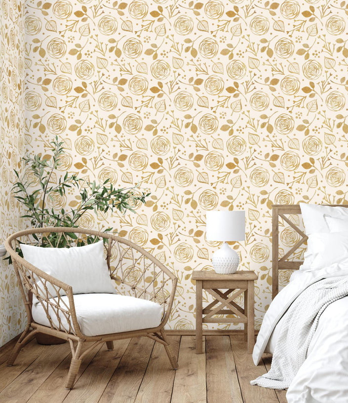 GW5291 Watercolor Abstract Floral Peel & Stick Wallpaper Roll size 19 inch Wide x 18ft. Long Beige Gold