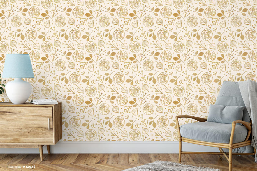 GW5291 Watercolor Abstract Floral Peel & Stick Wallpaper Roll size 19 inch Wide x 18ft. Long Beige Gold