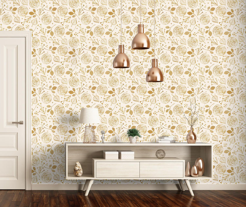GW5291 Watercolor Abstract Floral Peel & Stick Wallpaper Roll size 19 inch Wide x 18ft. Long Beige Gold