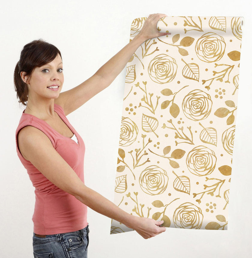 GW5291 Watercolor Abstract Floral Peel & Stick Wallpaper Roll size 19 inch Wide x 18ft. Long Beige Gold